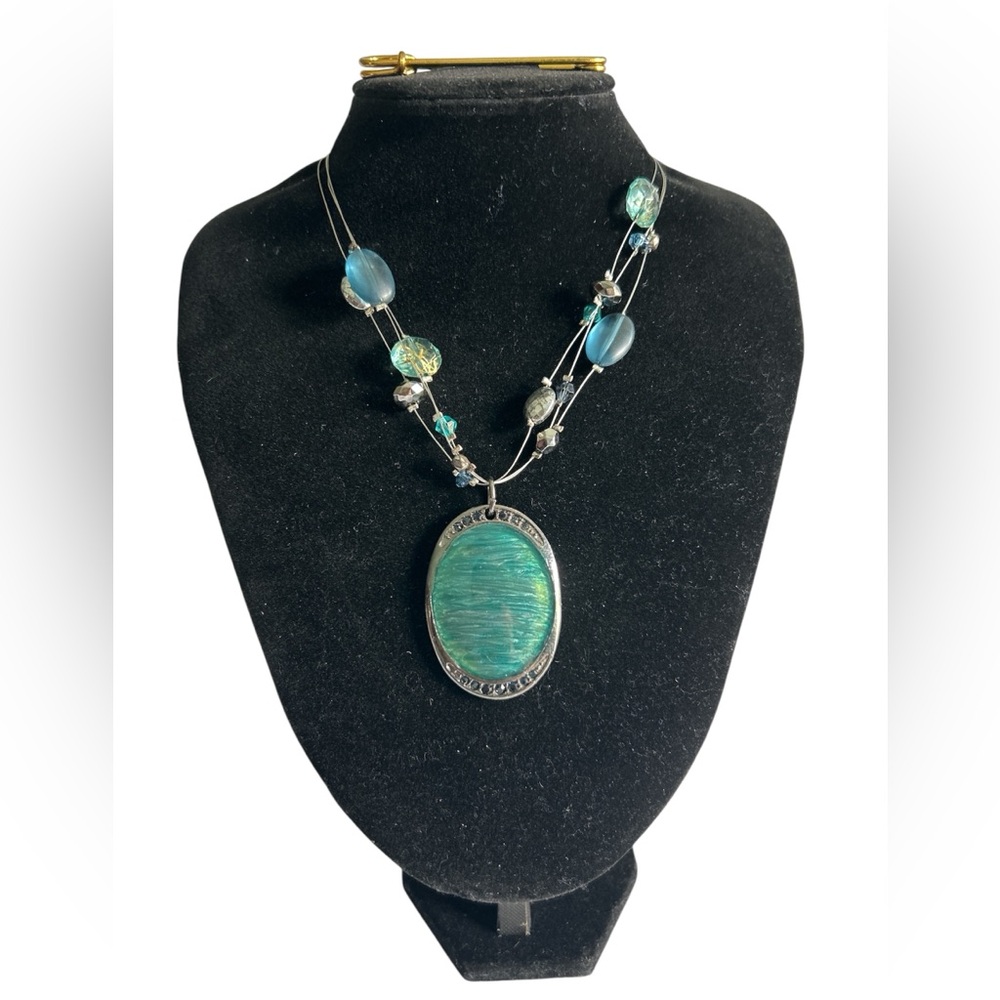 Chico's Silver Tone Blue Green Pendant Multi Color Bead Gemstone Necklace